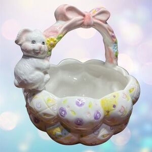 Ceramic Easter Basket with Bunny and Bow on Handle